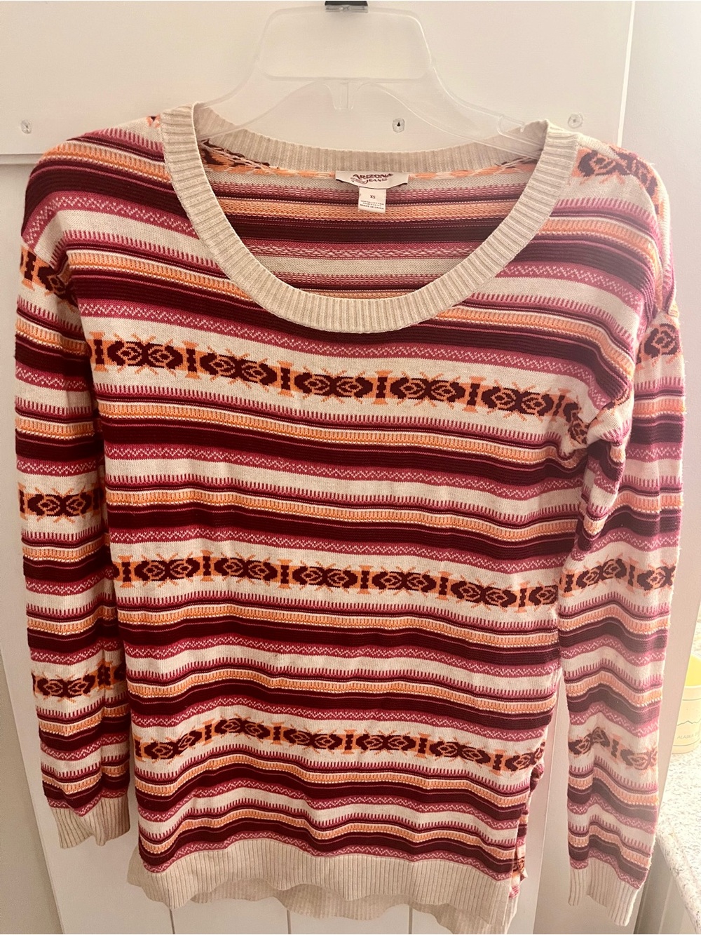 Arizona Jean Company Striped Crewneck Sweater in Red, Cream, and Gold